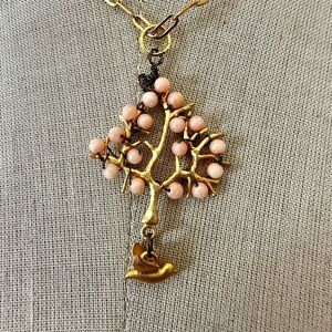 Vintage Tree of Life Necklace with Pink Beads & Bird Charm